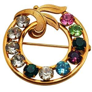 Van Dell Rhinestone Brooch Circle Round Gold Filled 1/20 12K Pin Wreath Vintage